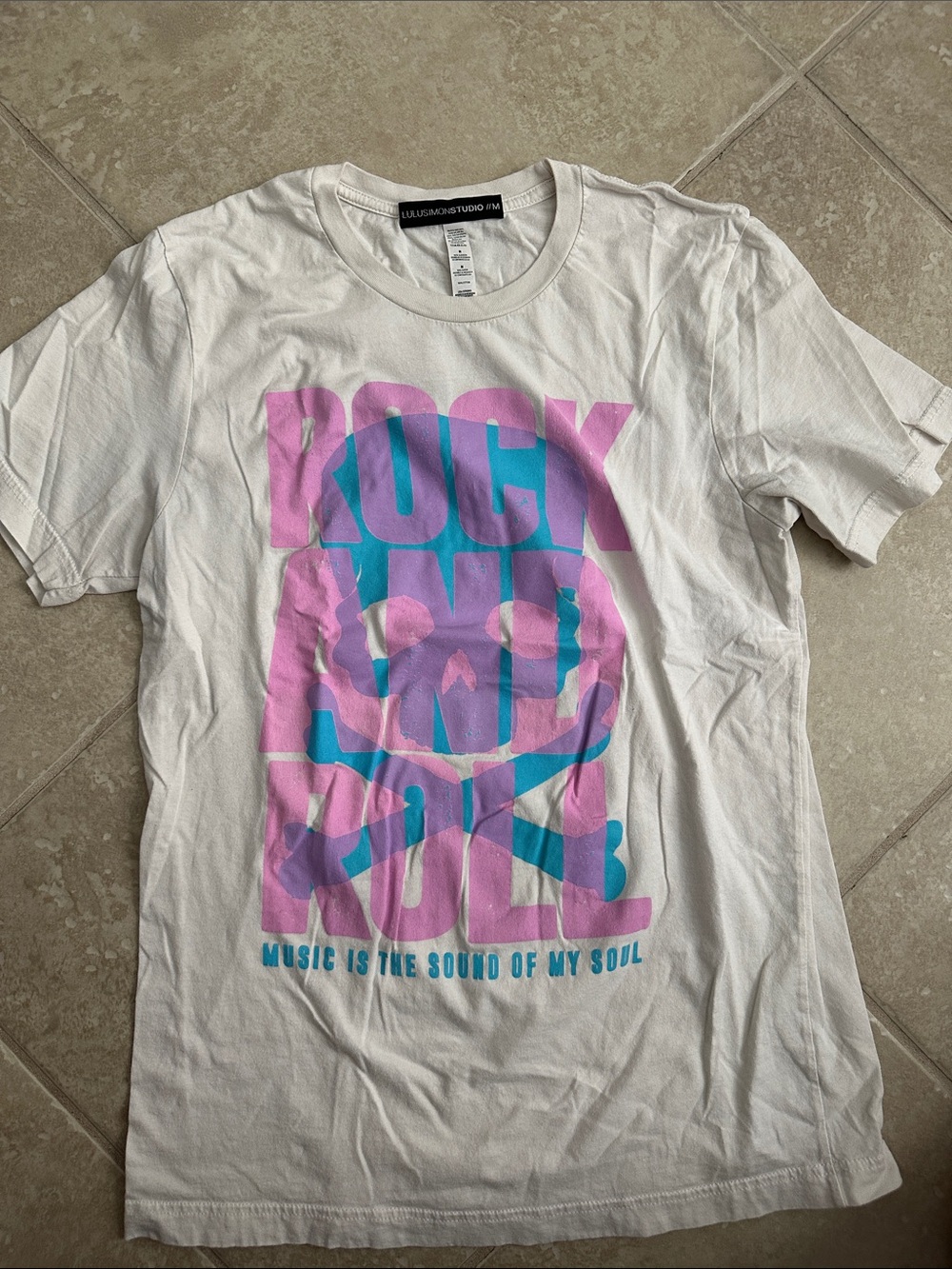 Rock and Roll Graphic Tee - White with Pink & Teal Print